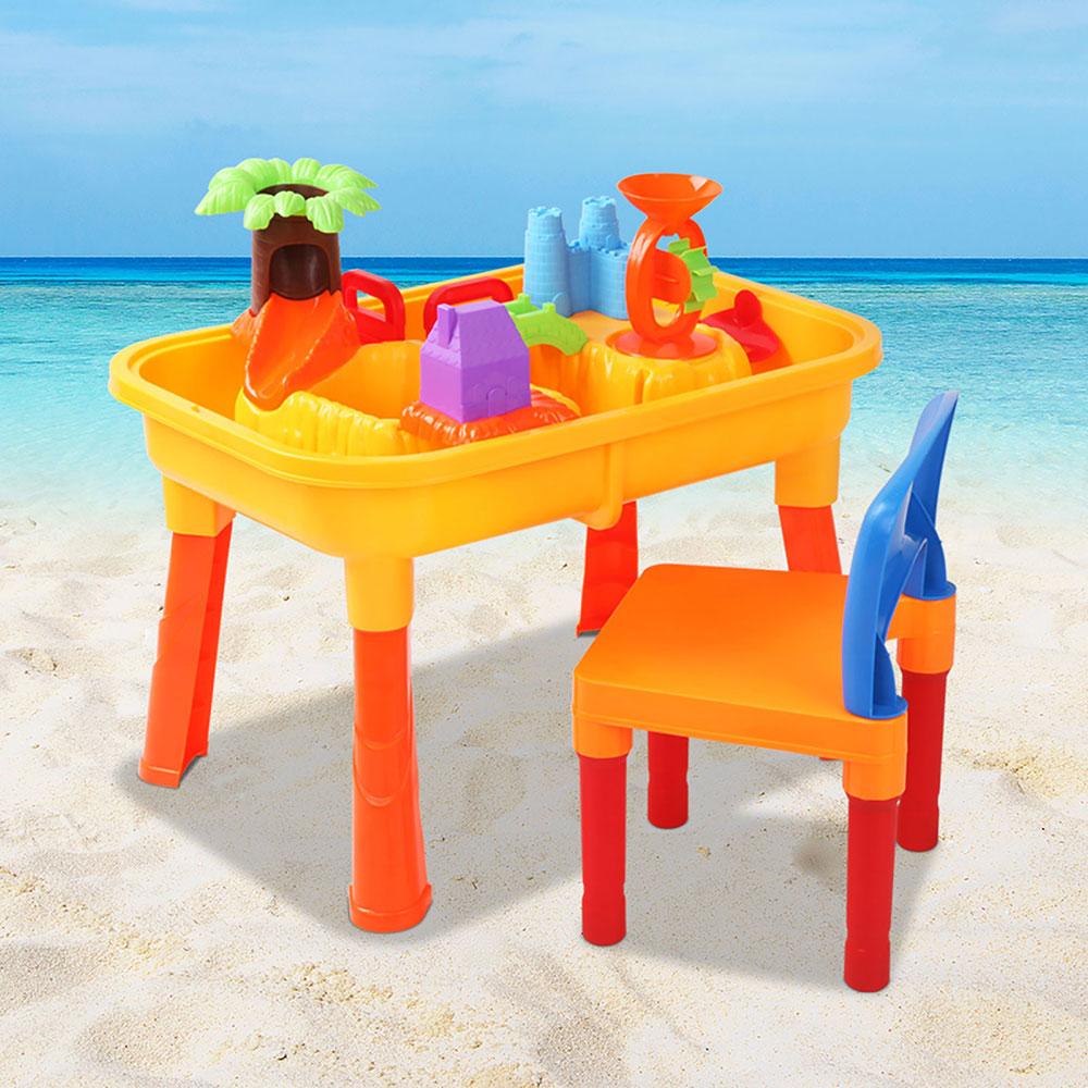 Keezi Kids Table & Chair Sandpit Set featuring colorful sand and water play accessories, including a water wheel, sand moulds, and a chair.